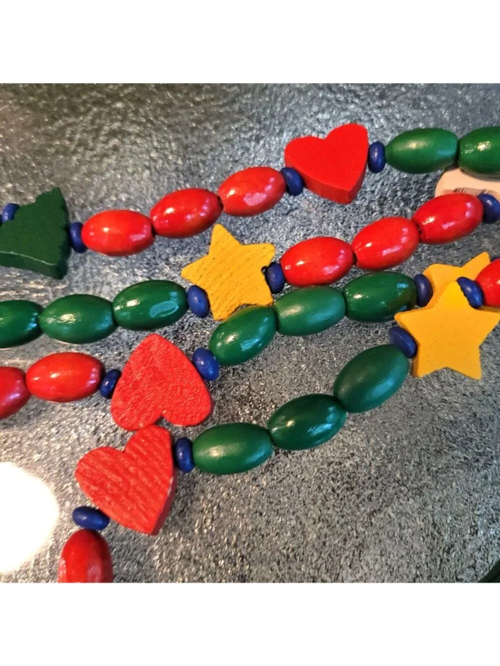 Wooden Beaded Lot 6 Christmas Garland With Angels Stars Hearts & Trees Red Green